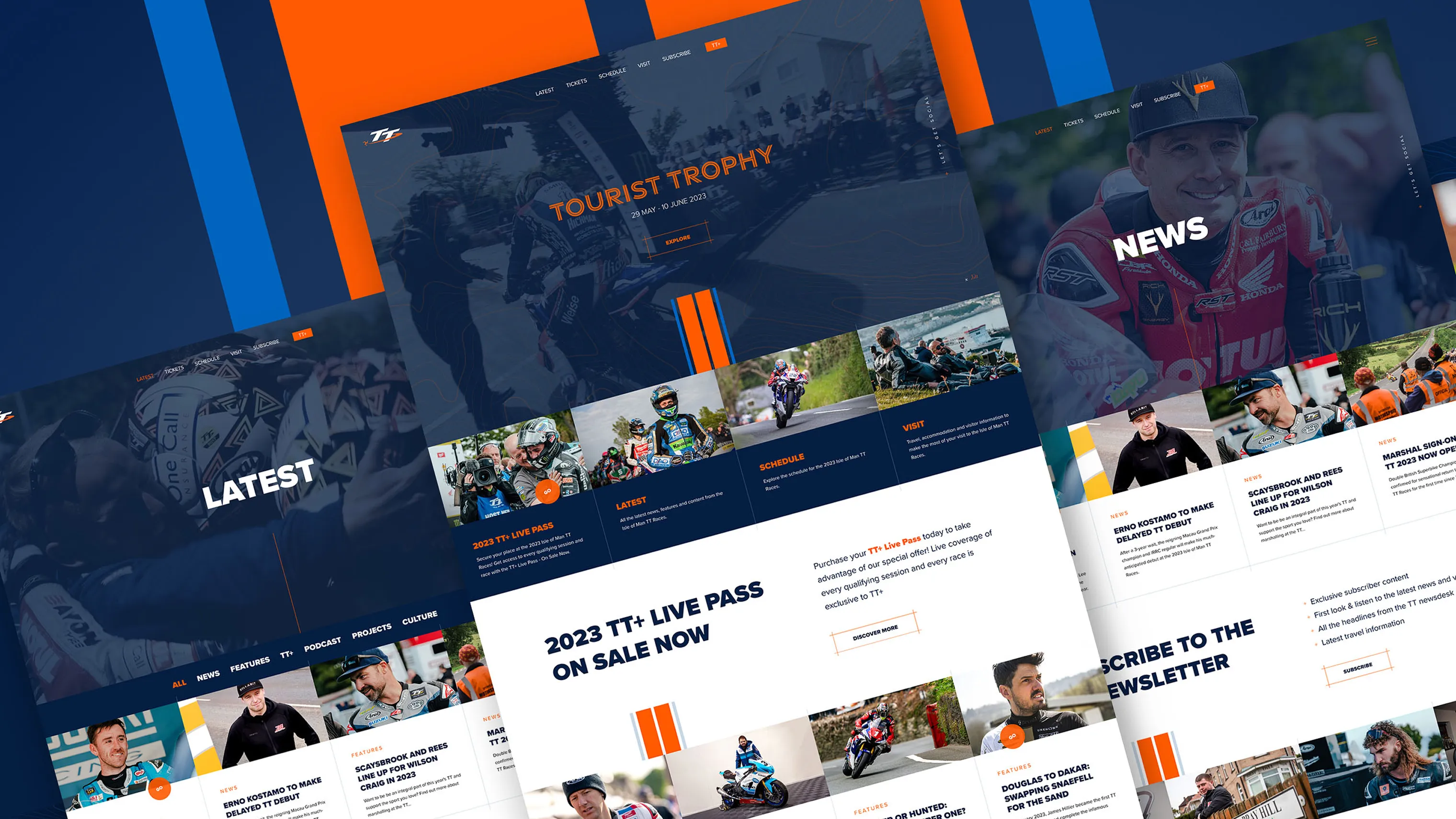 Angled layout mockup of the Isle of Man TT Races website iomttraces.com built by DotPerformance, showing the Tourist Trophy homepage with race photography, the schedule and visit sections, and the 2023 TT+ Live Pass promotional page
